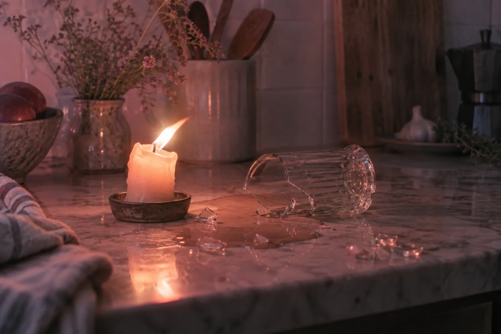 A candle flame leaning in a draught beside a broken glass on a kitchen counter