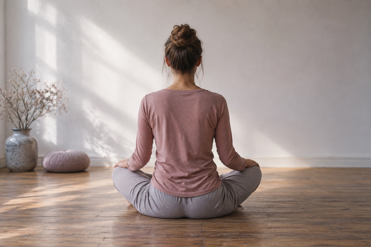 Seated cross-legged with the hands resting on the knees, seen from behind