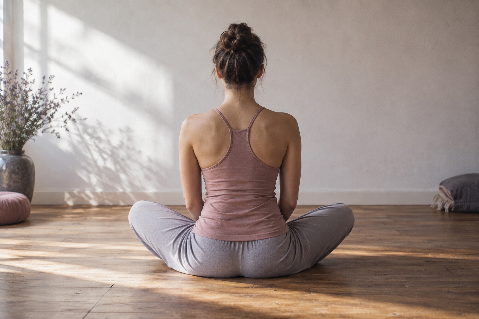 Sitting cross-legged on a wooden floor, seen from behind in window light