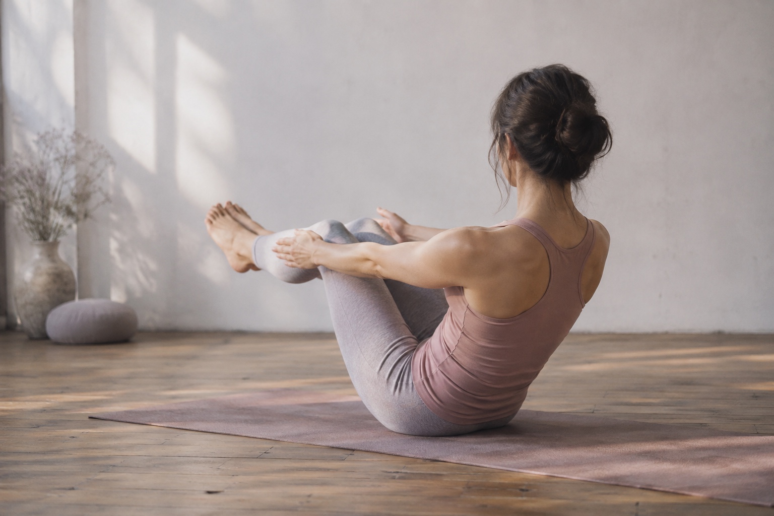 Balanced on the sitting bones with the knees lifted and the arms reaching forward, on a mat