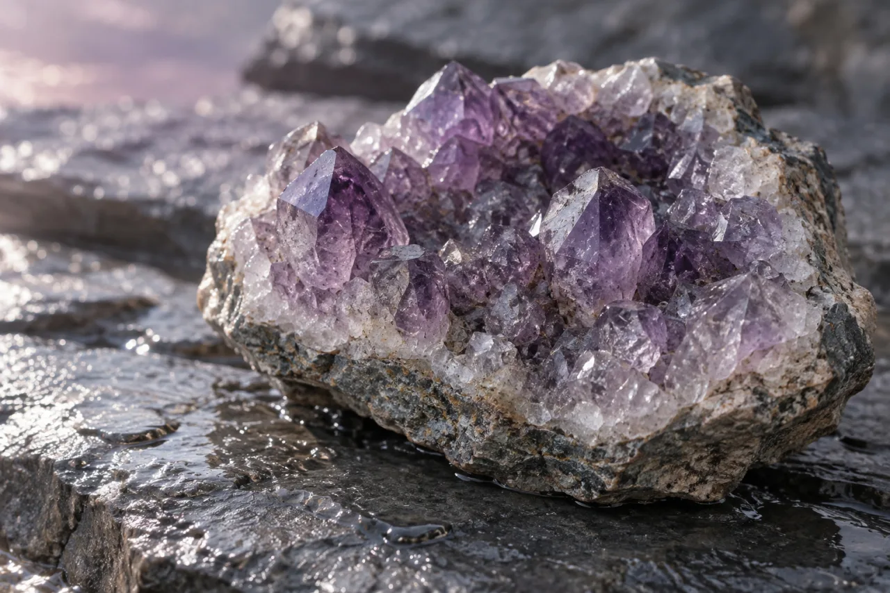 A raw amethyst geode on wet grey slate, lavender points over pale matrix