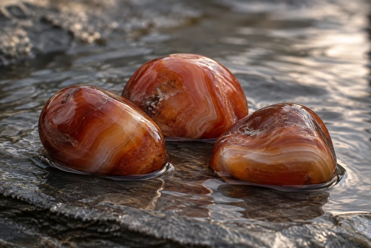 Three tumbled carnelians in shallow water on slate, banding visible through the surface