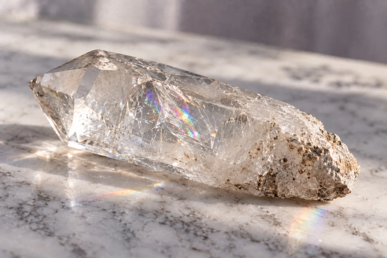 A clear quartz point on white marble, rainbow fractures inside and a dusty base