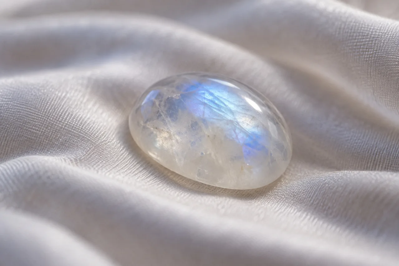 A moonstone cabochon on white silk, blue adularescence shifting across the dome