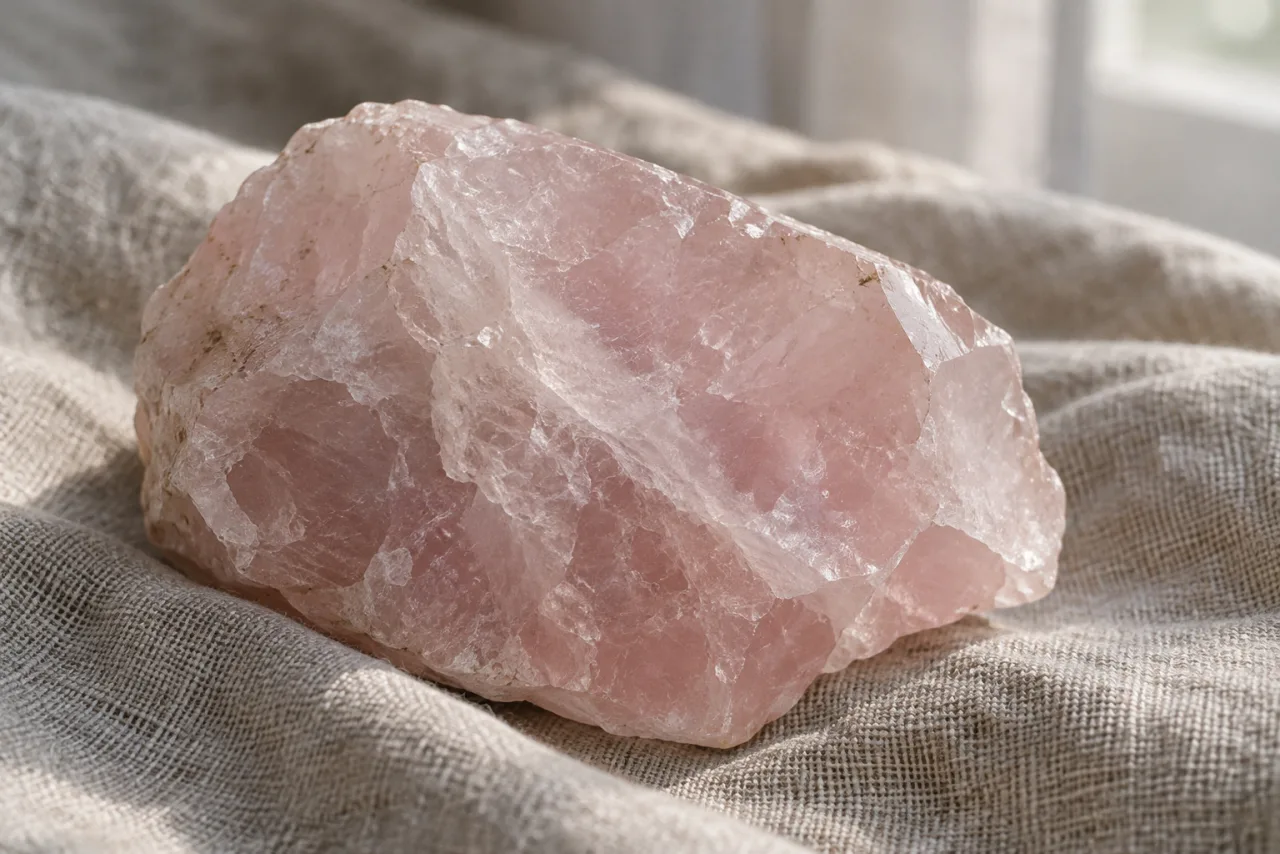 A rough piece of rose quartz on unbleached linen, cloudy veils and a fractured edge