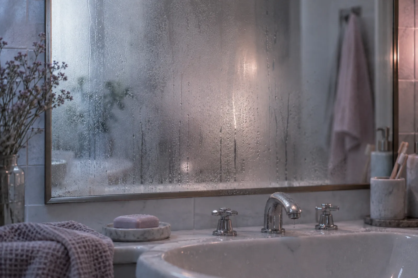 A bathroom mirror clouded with steam, the edge of the sink, cold pearl light