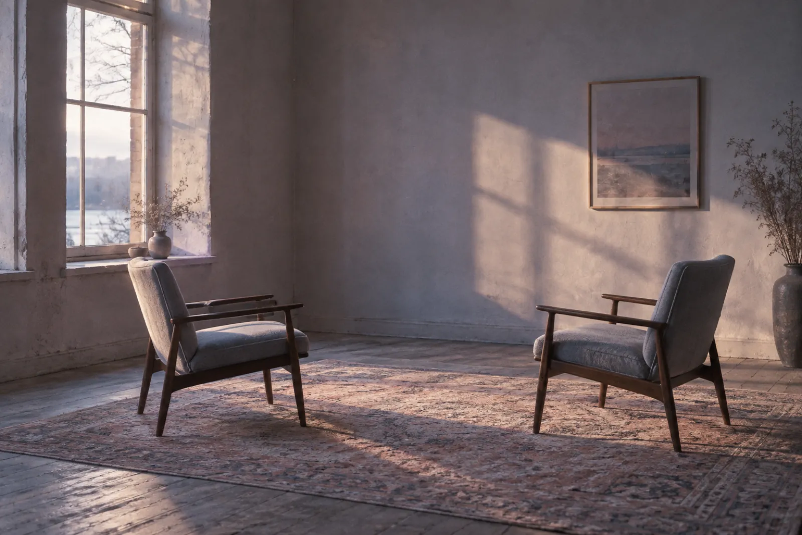 Two empty chairs facing each other in an empty room, low afternoon light