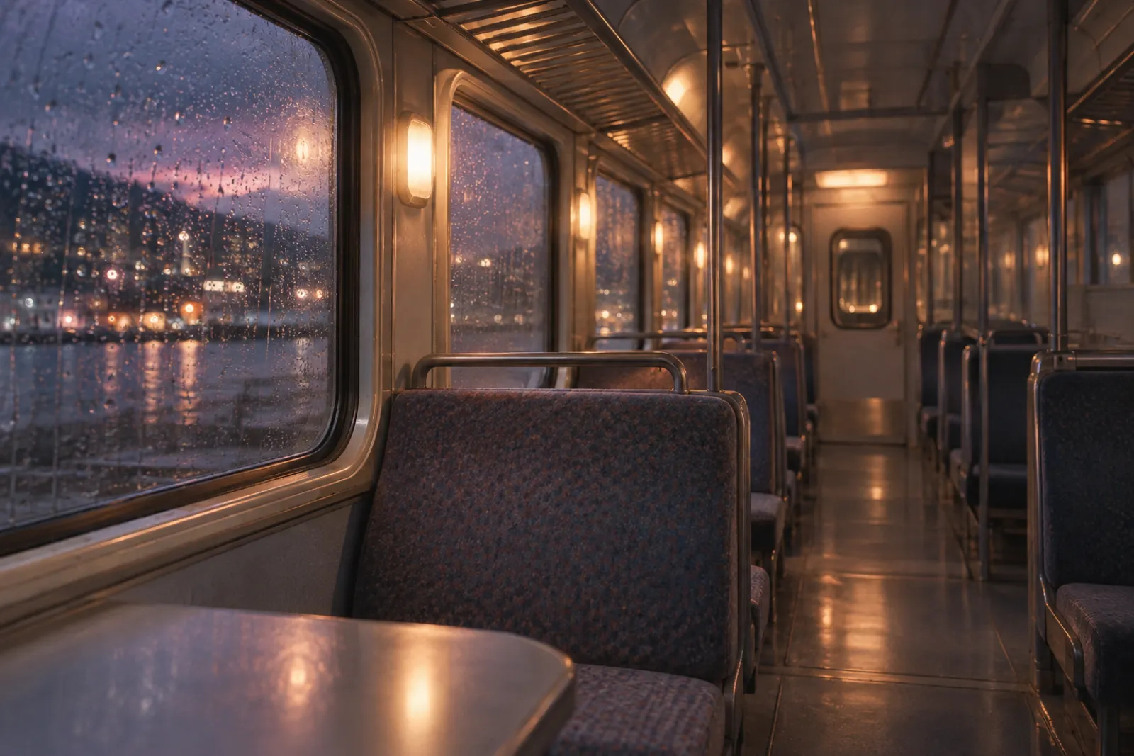 An empty night train carriage with rain on the windows, warm interior light