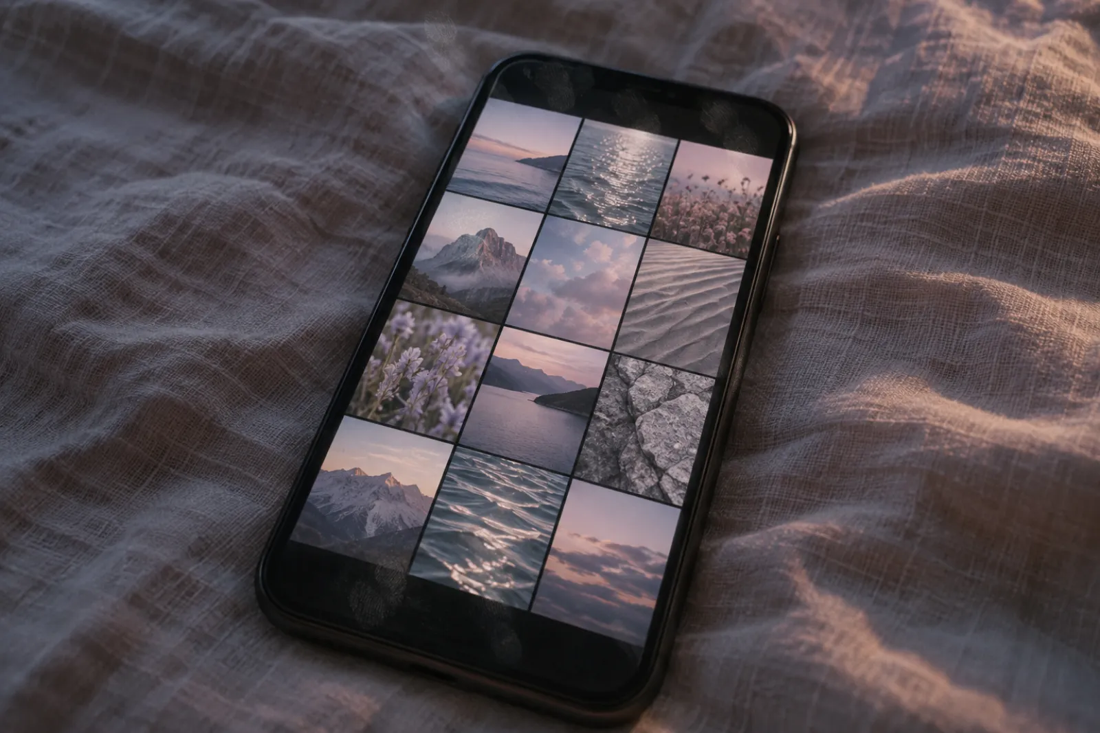 A phone lying screen up on linen, a grid of photographs glowing against dusk light