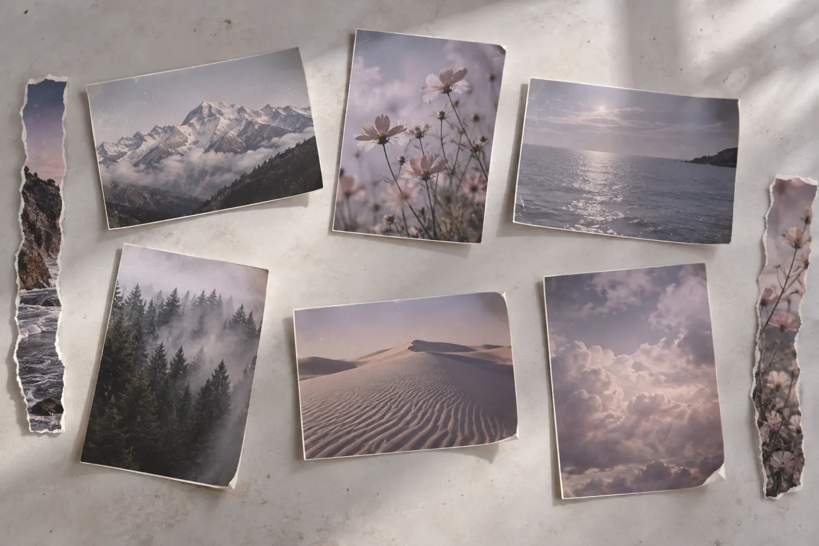 Six matte prints and two torn magazine strips laid face up on a light table, seen from above