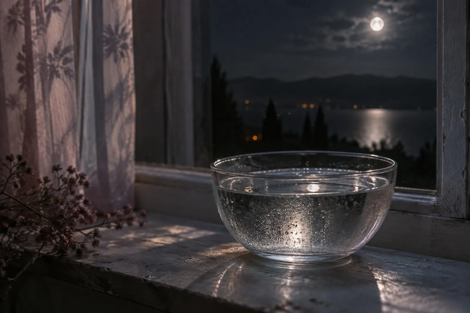 A glass bowl of water on a windowsill at night, the moon reflected on the surface