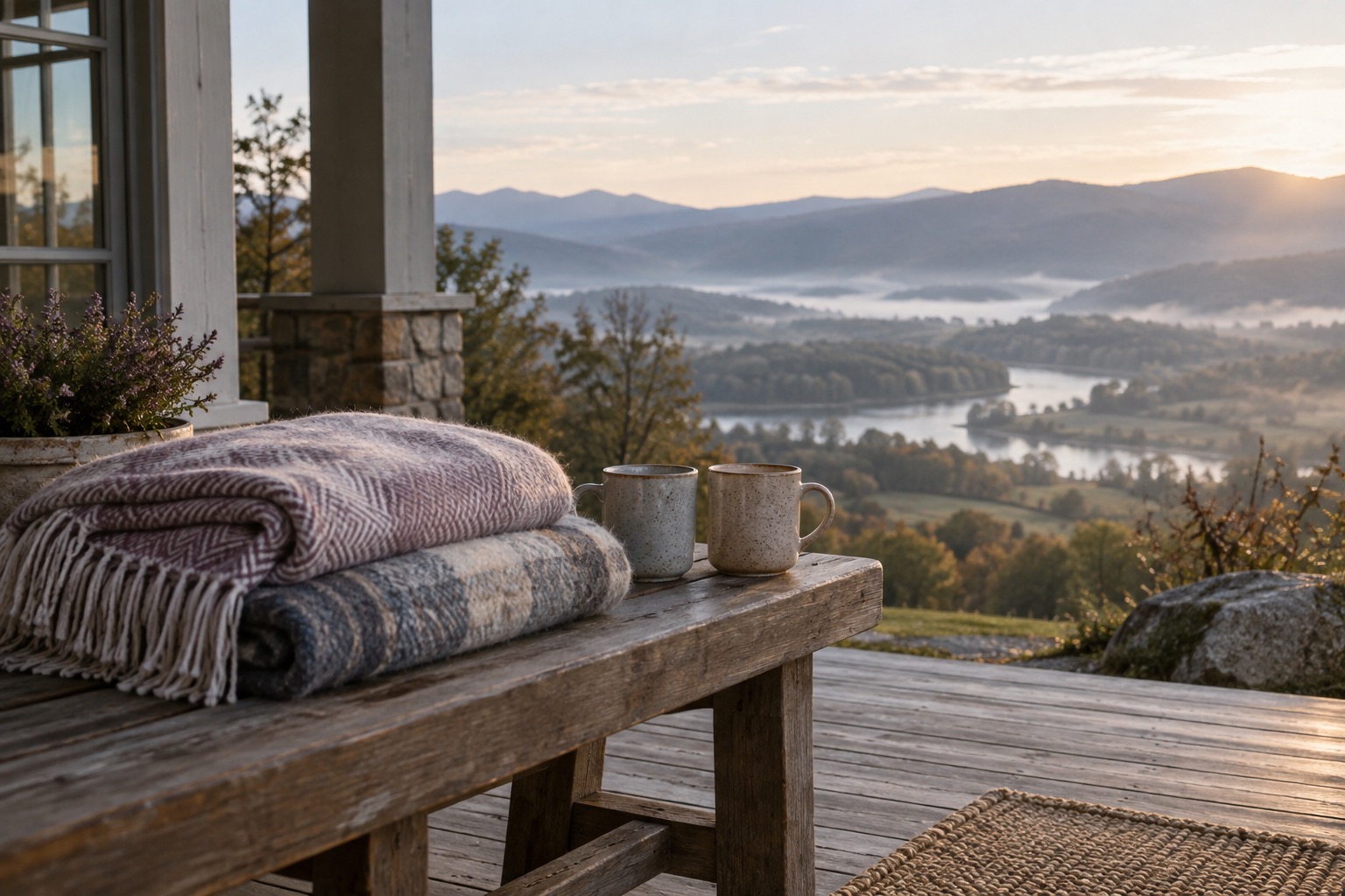 Two mugs and two folded blankets on a porch bench facing a valley, morning.