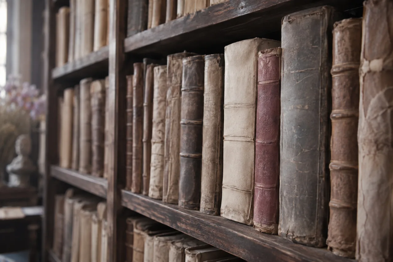 A wall of old leather ledgers on library shelves, shallow depth of field