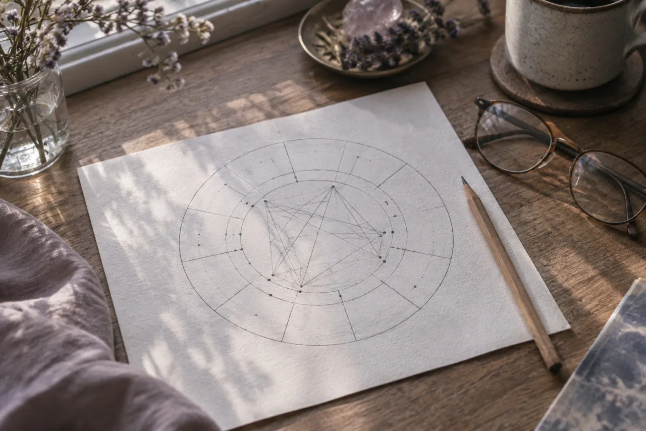 A printed natal chart wheel on a wooden table with a pencil, reading glasses and a cup, window light