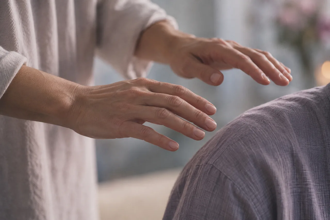 Two hands held just above a shoulder covered in grey linen, close crop, no face