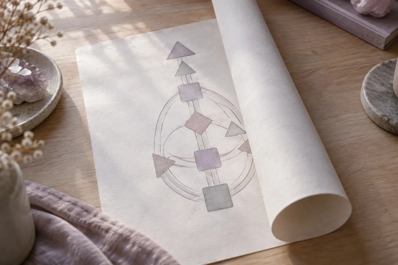 A bodygraph drawn on paper, half rolled, on a light wooden table