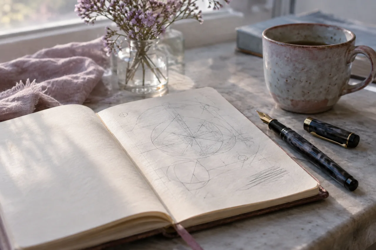 An open notebook of pencil workings and a fountain pen on a marble sill in morning light