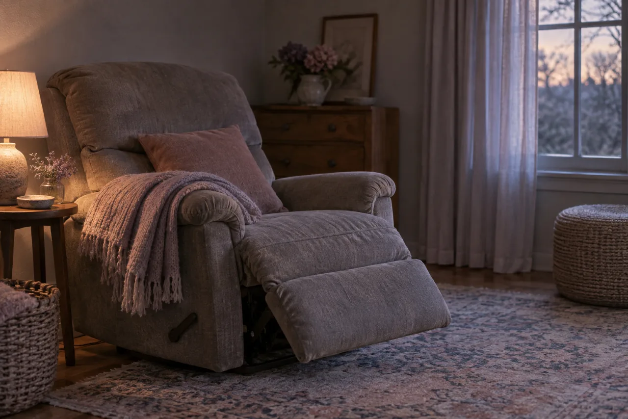 A reclining armchair with a folded throw in a dim room lit by one lamp