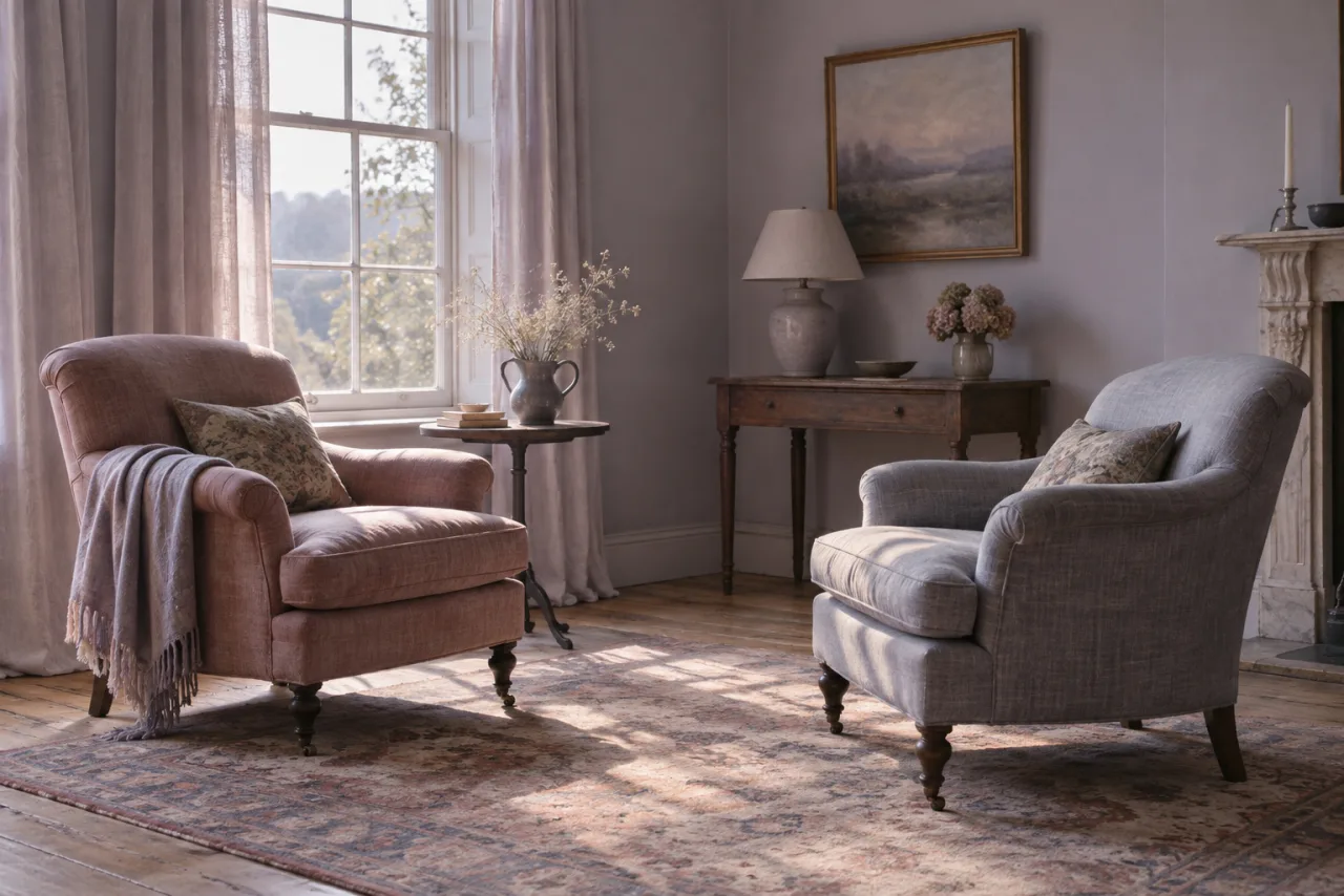 Two empty armchairs facing each other in a quiet room with afternoon light