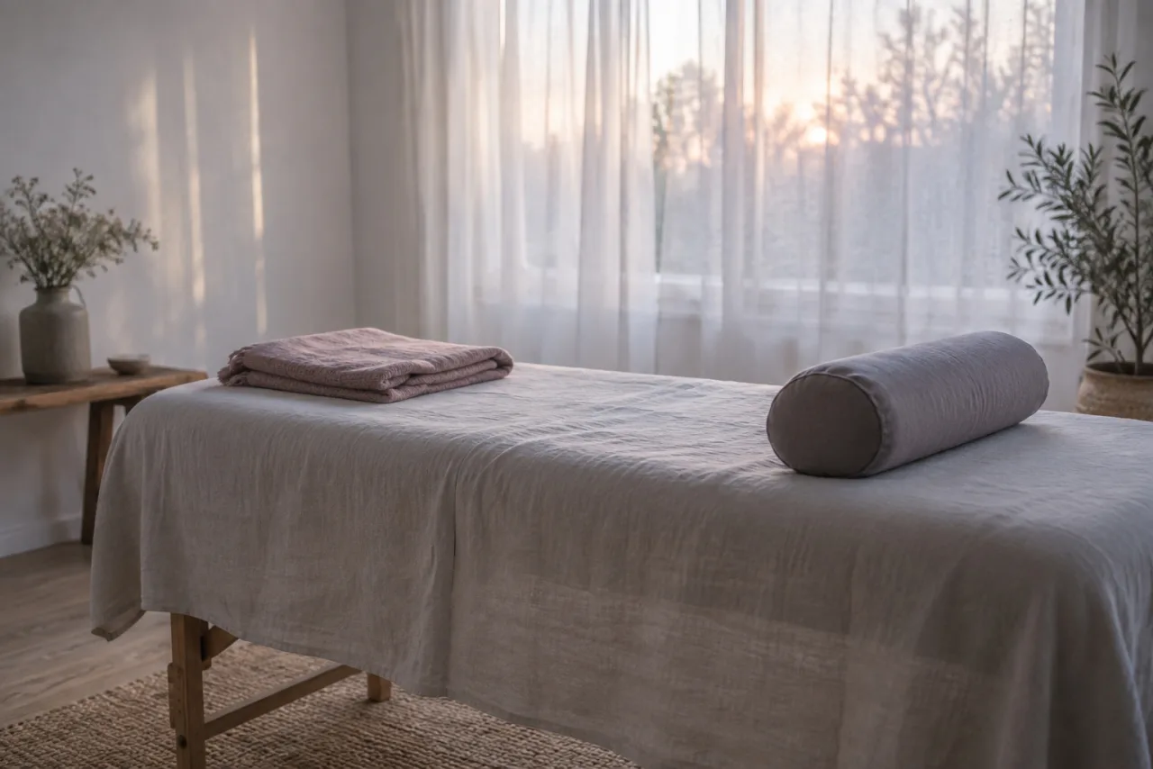 An empty treatment table with a folded blanket and a bolster by a curtained window