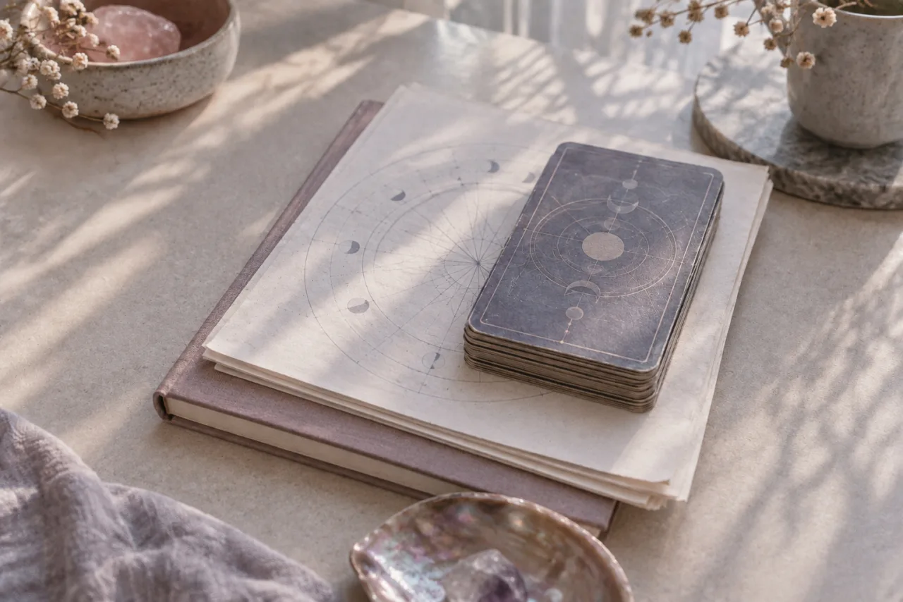 A chart, a deck of cards and a notebook stacked together on one table