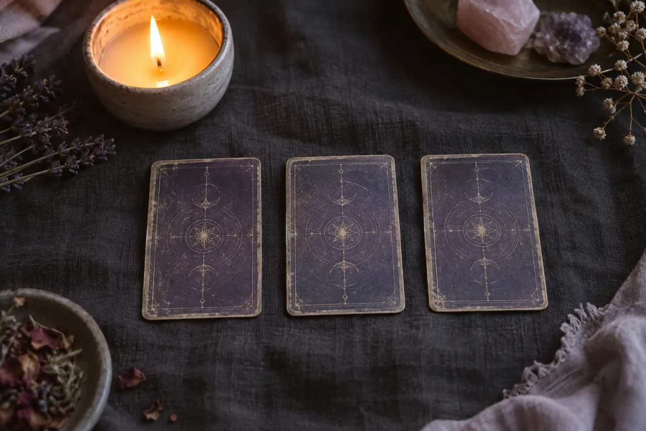 Three tarot cards face down on dark linen beside a lit candle