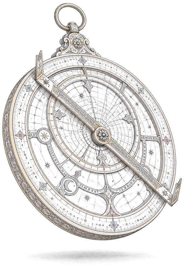 A brass and silver astrolabe with engraved rings and a long alidade