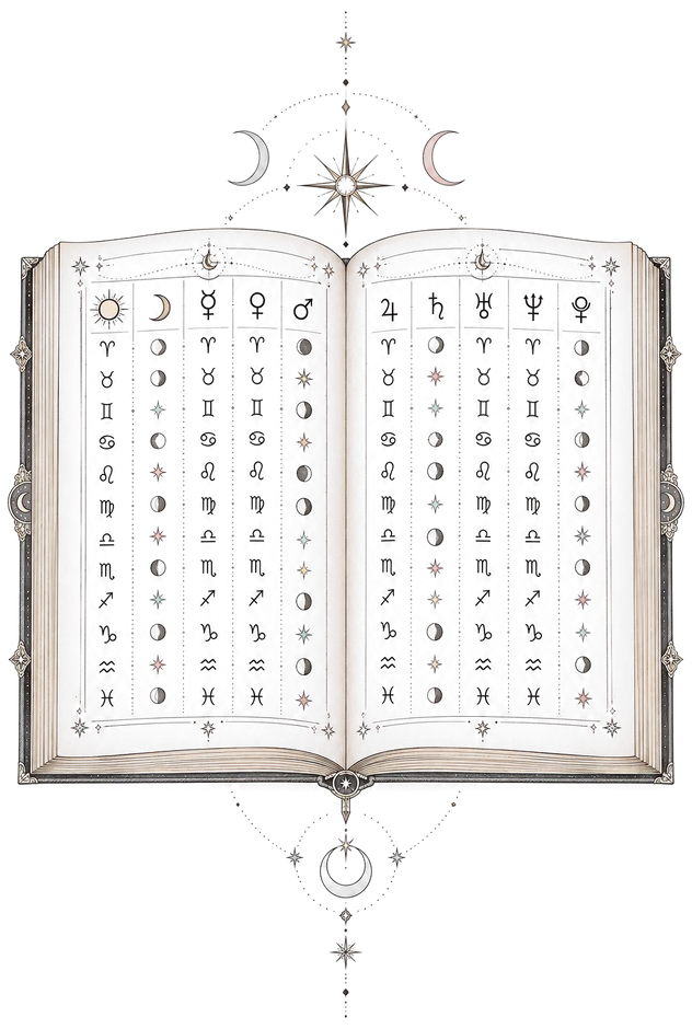 An open ephemeris with columns of engraved glyphs on ivory pages