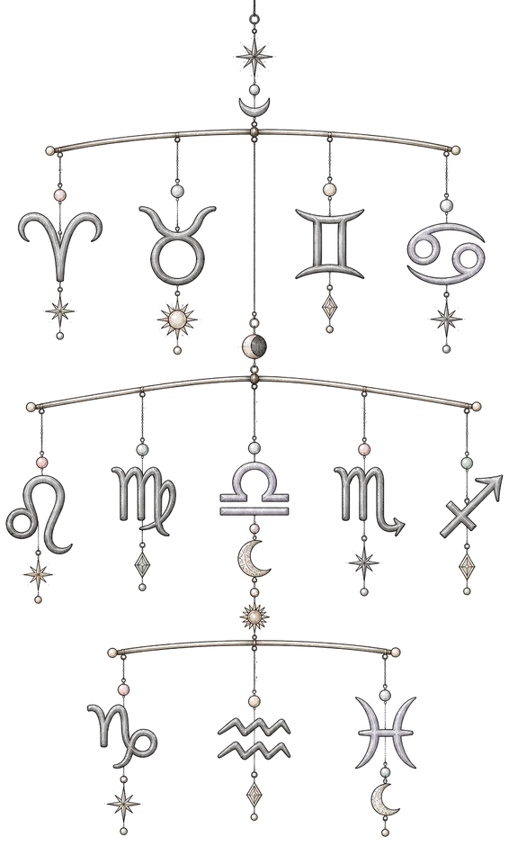 A hanging mobile of twelve zodiac glyphs on thin threads