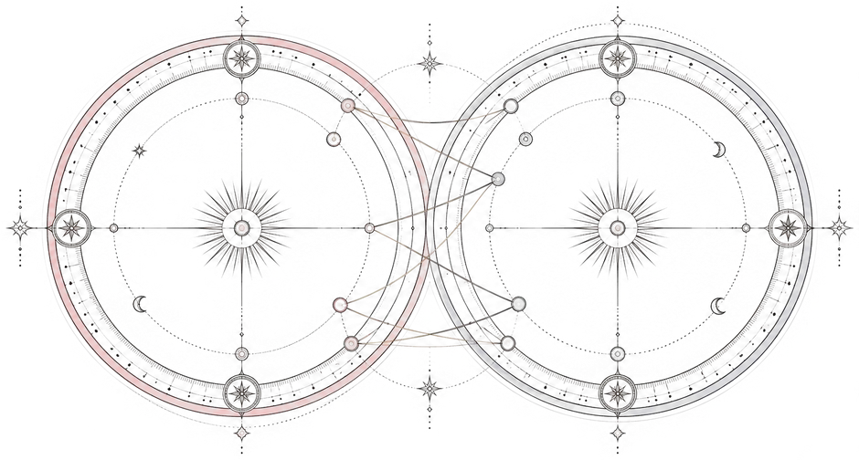 Two engraved chart discs overlapping, with threads drawn between them