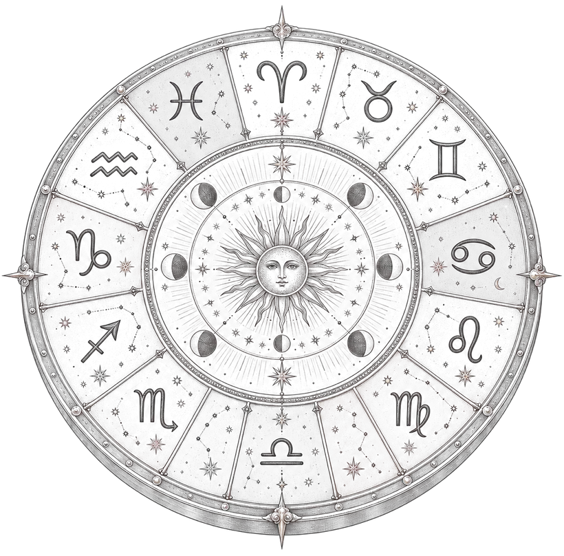 A finely engraved twelve sector zodiac disc tilted towards the viewer