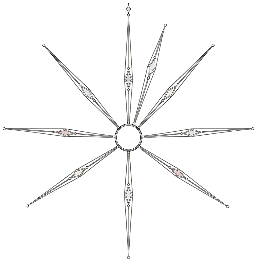 A compass rosette of nine rays, one longer than the rest