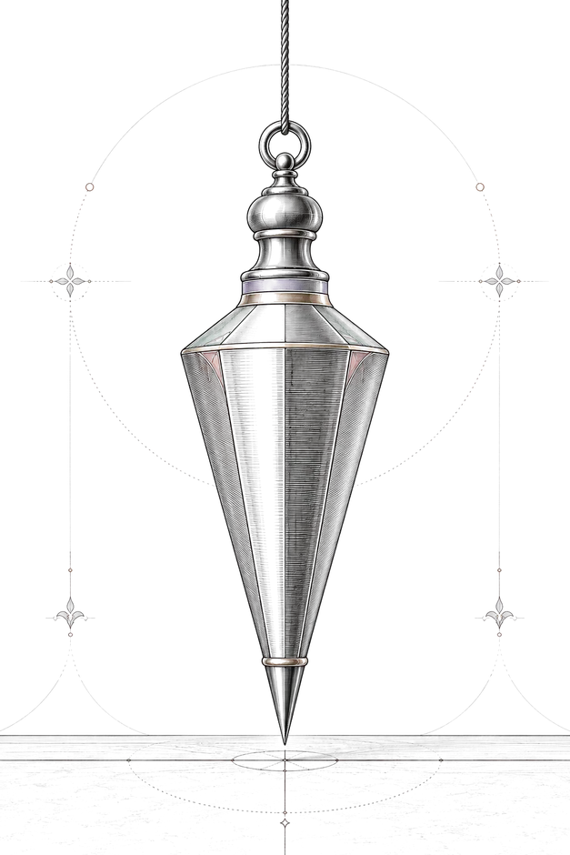 A plumb bob hanging still above a faint line marked on a flat surface