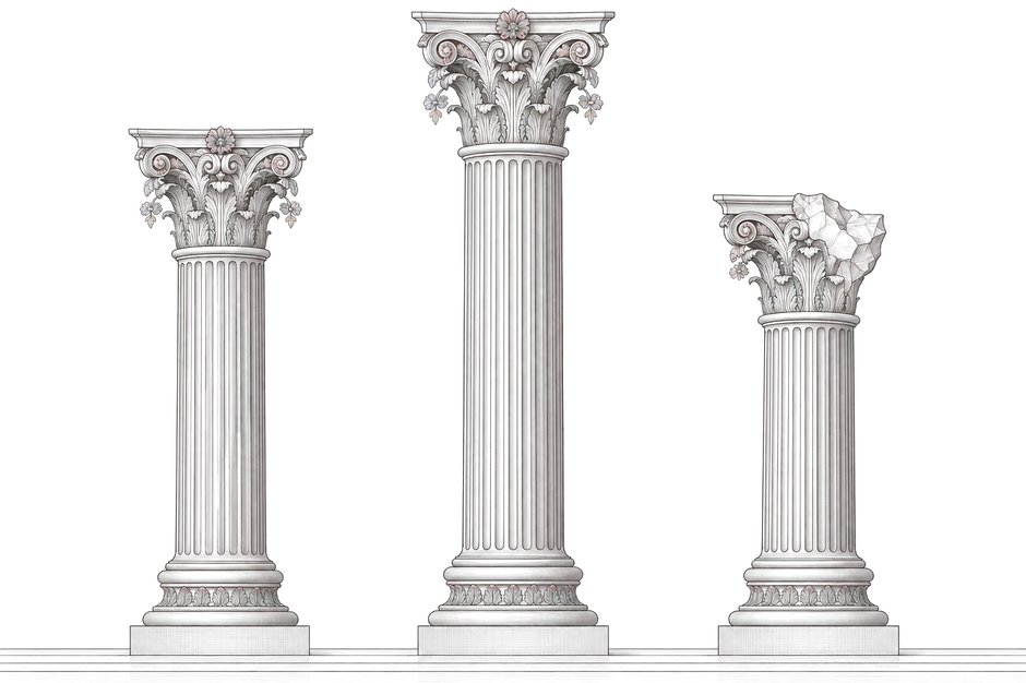 Three engraved columns of one order at three heights, one capital left unfinished