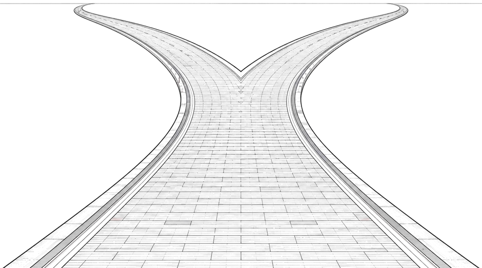 One road in engraved perspective dividing into two equal roads