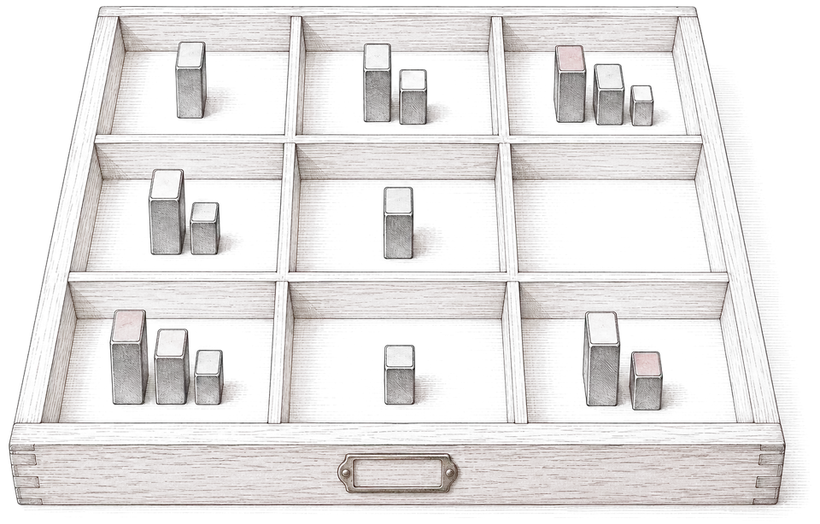 A printer's type case of nine compartments holding small metal letters, one empty