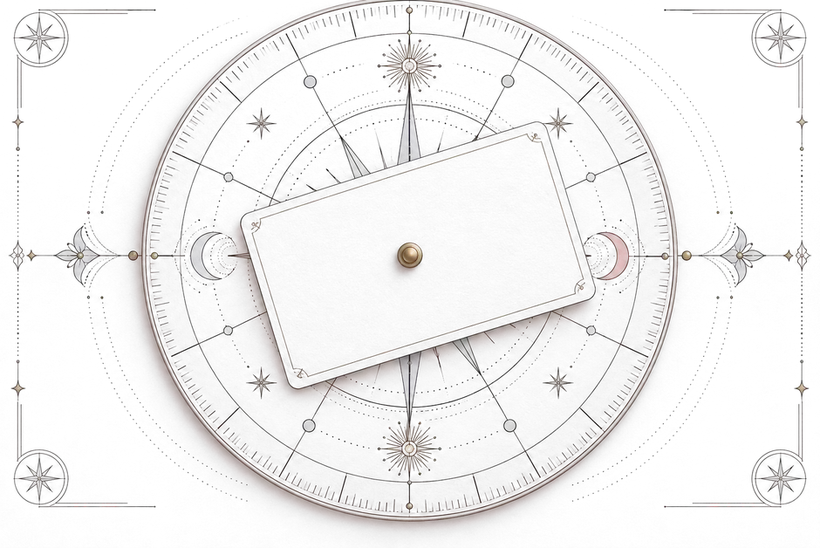A blank card lying on a paper turning disc held by a brass pin