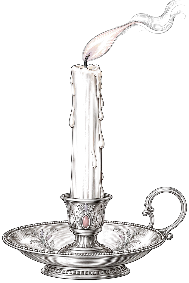 A candle whose flame leans evenly to one side under a stream of air, a short trail of smoke behind it