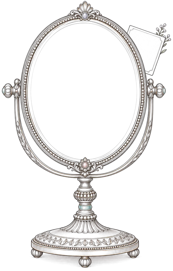 A table mirror on a stand with a small blank card tucked behind its frame, facing the room
