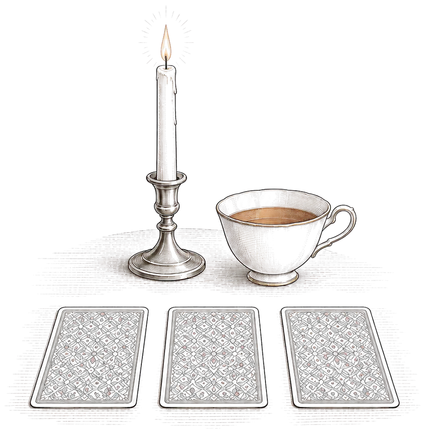A candle in a holder, a cup and three cards face down on a table