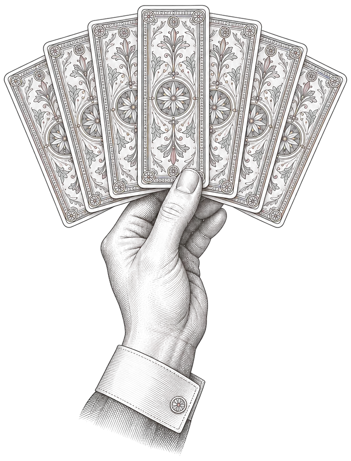 A hand holding a fan of seven cards face down, the cuff drawn in engraving