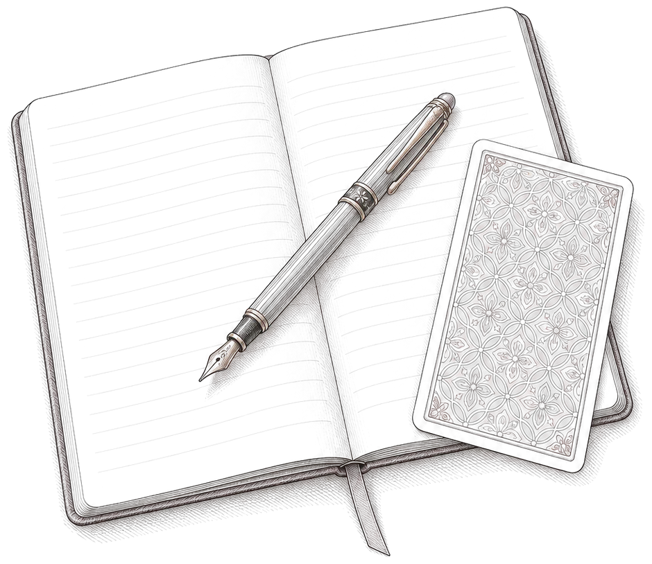 An open notebook with blank pages, a pen across it and one card on the page