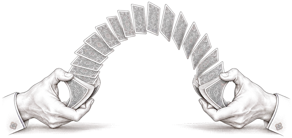 Two hands riffling a deck, the cards arching through the air