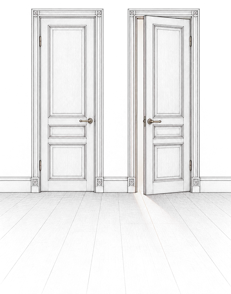 Two narrow doors in one wall, one of them ajar with light in the gap