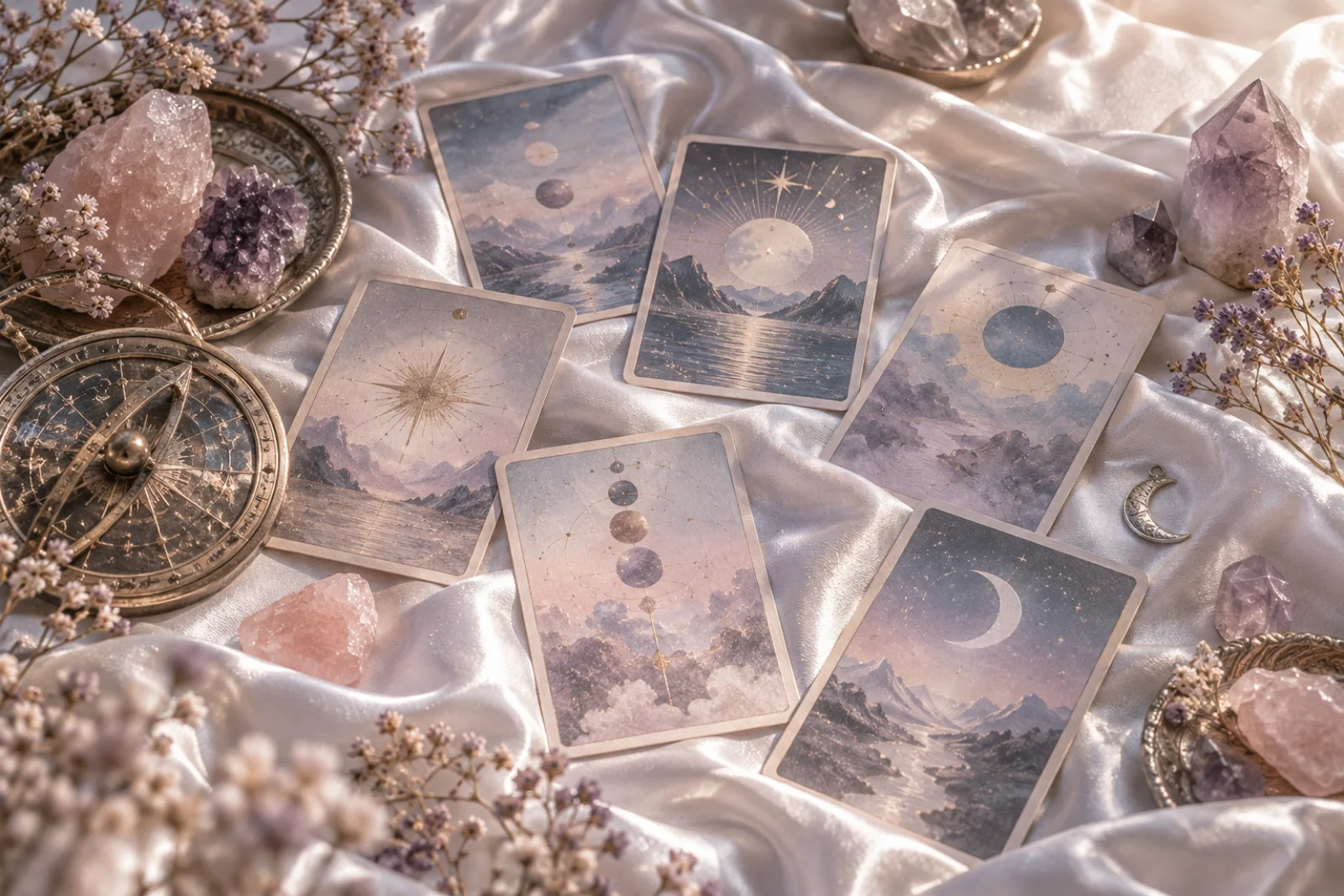 Cards, an astrolabe and raw crystals laid out on pale silk