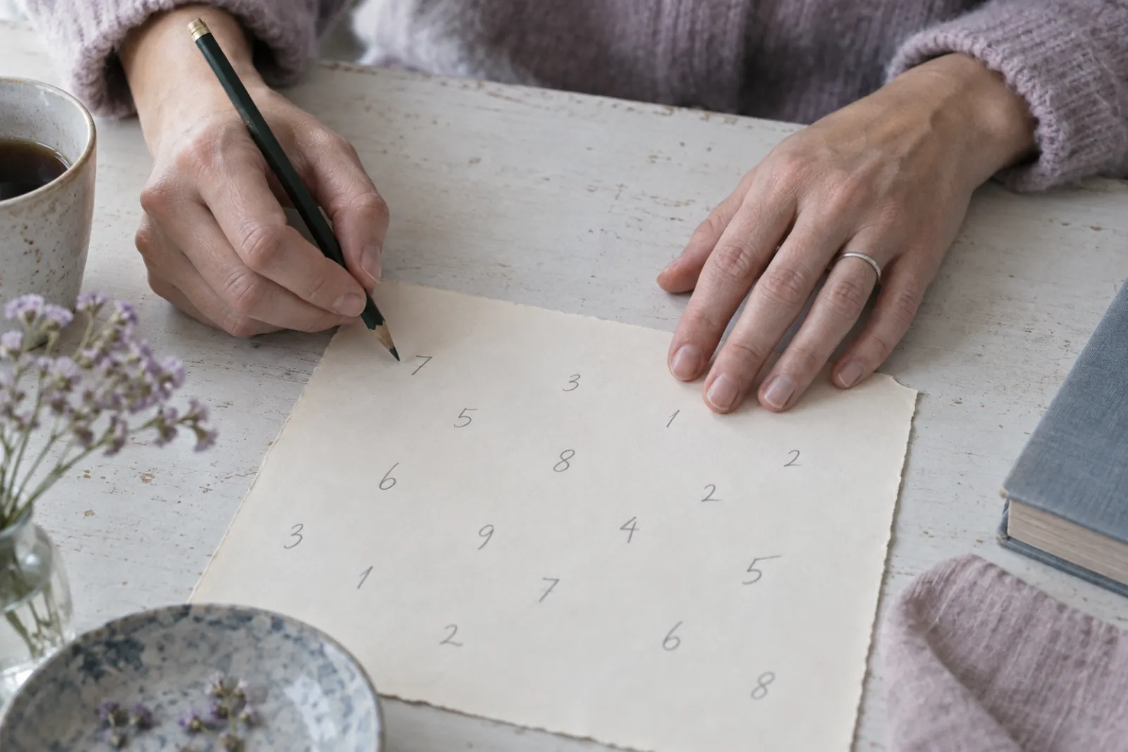 Hands on a pale table beside a sheet of cream paper with single digits written out by pencil