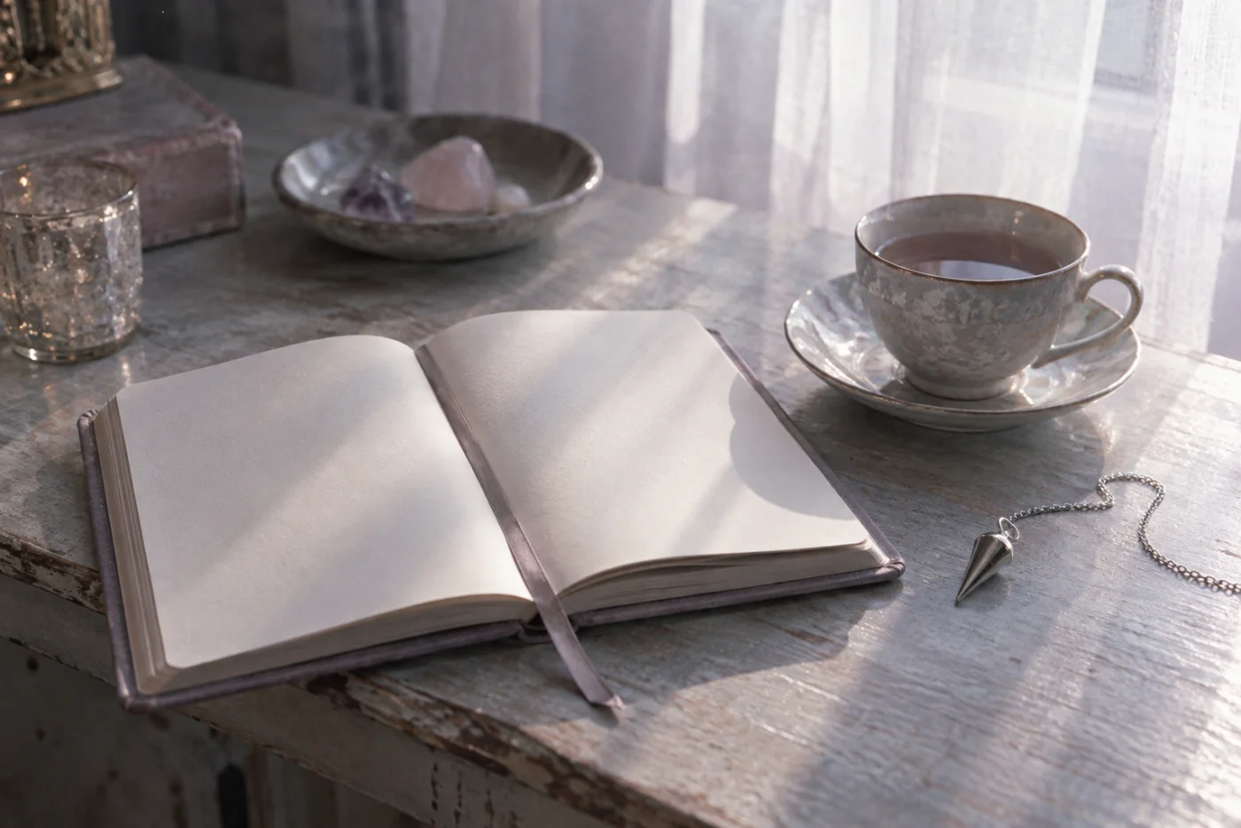 Morning light on a table with an open journal and tea