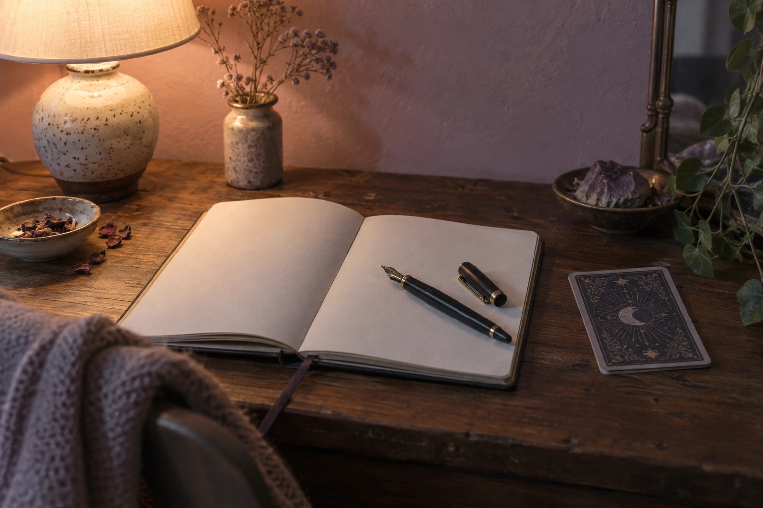 An open notebook with a fountain pen on the page and one card lying face down beside it, warm lamp light at night