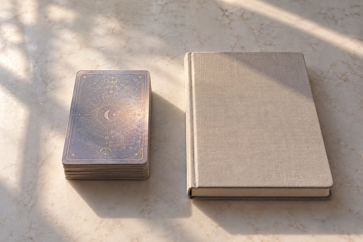 A squared up deck beside a closed notebook on a pale table in late afternoon light