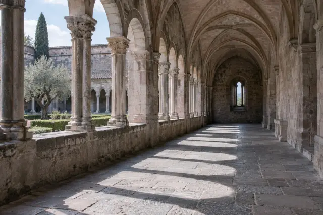 The stone gallery of a monastery cloister, arched shadows on the flags, empty.